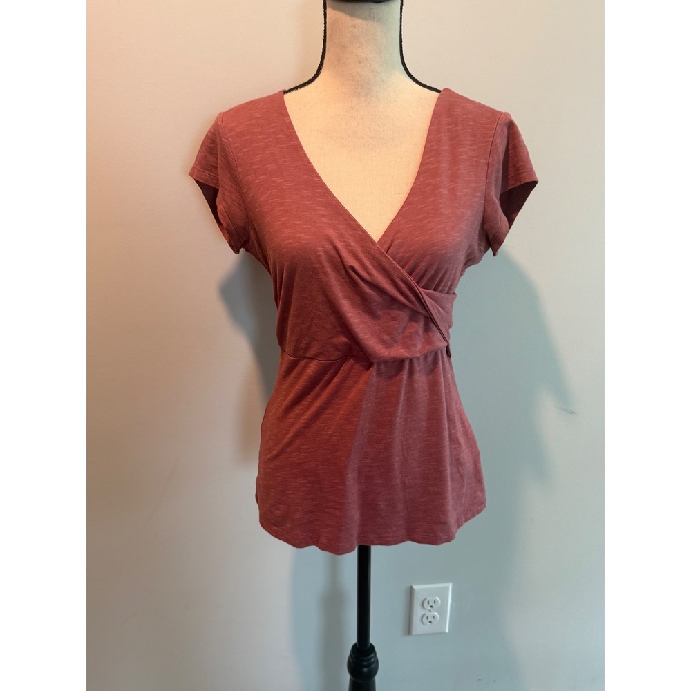 Horny Toad Womens XS Rosewood Pink Faux Wrap V-Neck Slub Knit Cap Sleeve Top